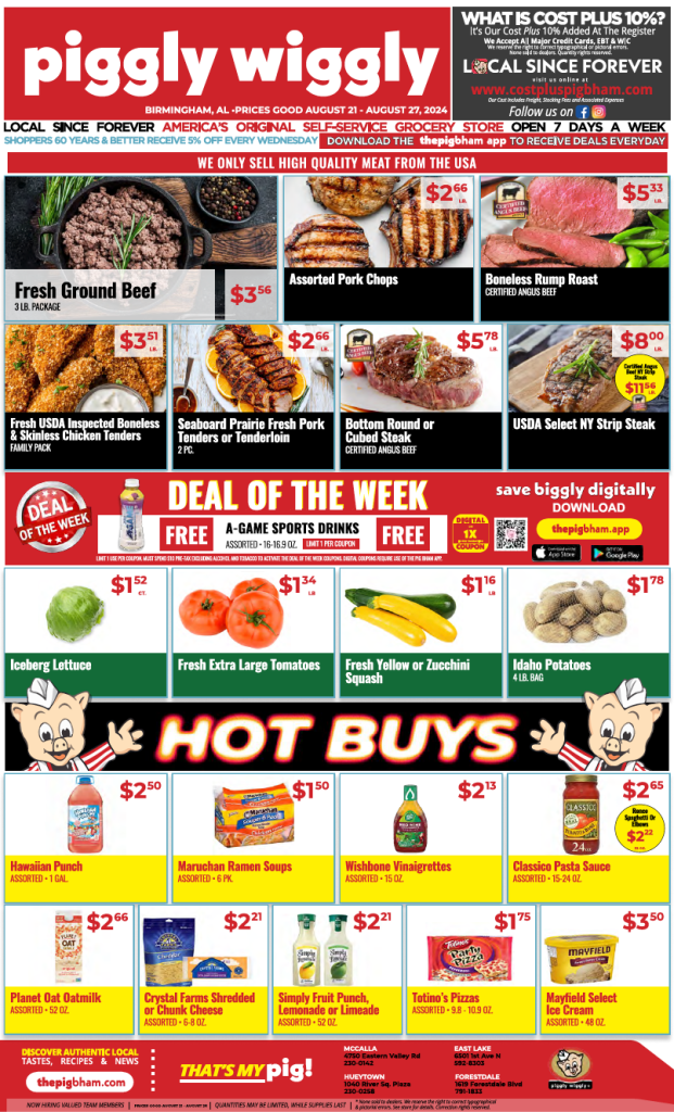 Piggly Wiggly weekly ad featuring discounts on meats, fresh produce, and grocery items from August 21 to August 27, 2024.